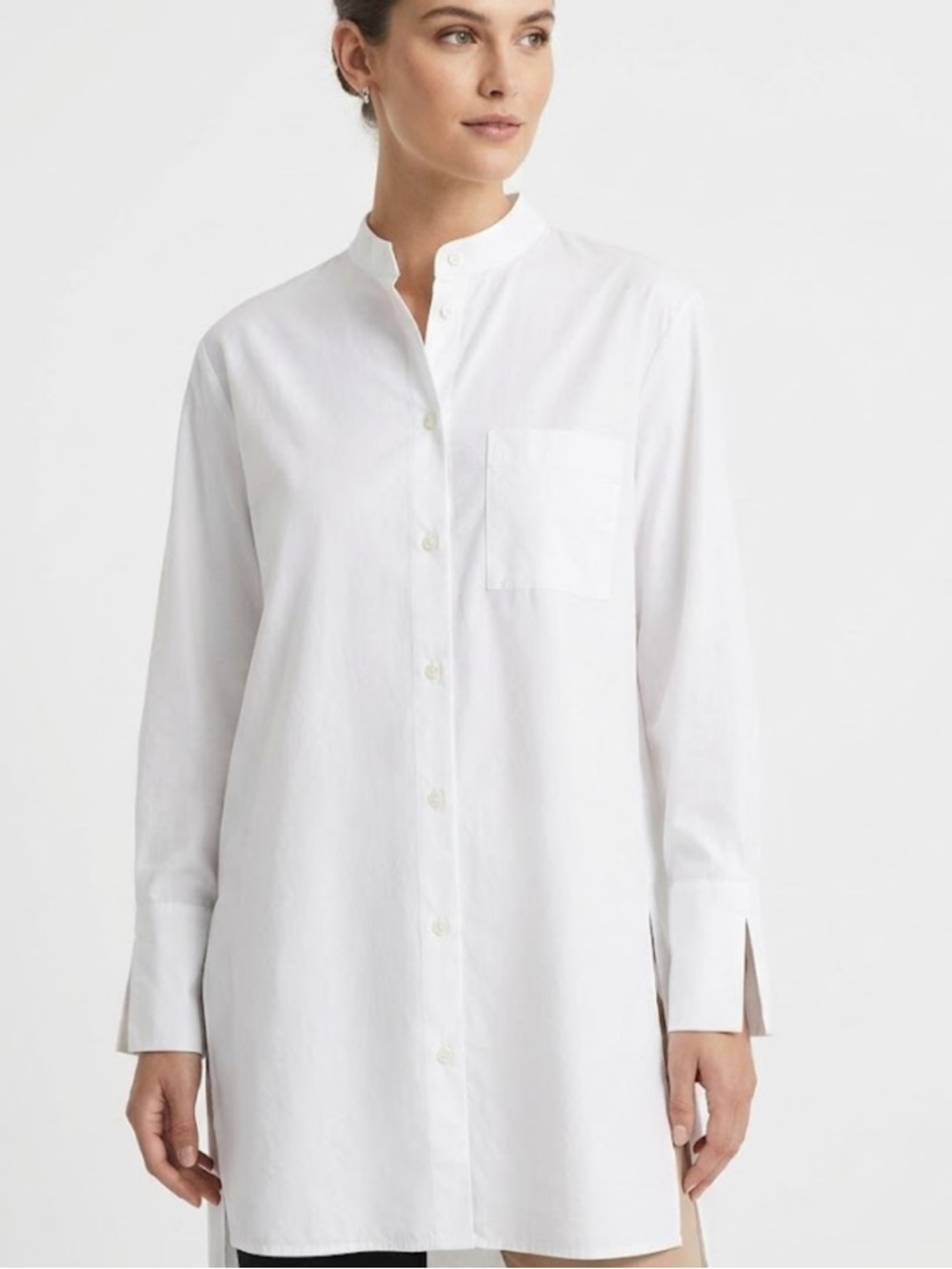 Zara White Band-Collar Longline Blouse